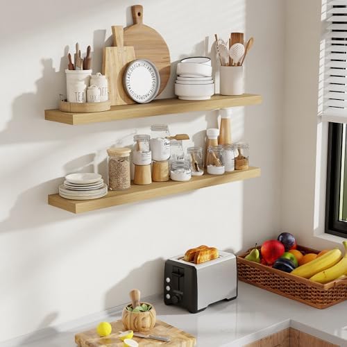 Acovy 40 Inch Floating Shelves, 8 Inch Deep Floating Shelves for Wall, Hanging Shelf with Invisible Brackets, Deep Shelves for Bathroom, Bedroom, Living Room, Oak, Set of 2 - Image 2