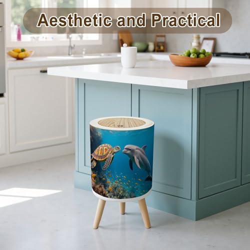 Trash Can with Lid Dolphin Turtle Underwater Reef Small Garbage Can with Legs Waste Bin Press Cover Wastebasket for Kitchen Bathroom Living Room 7L/1.8 Gallon - Image 3
