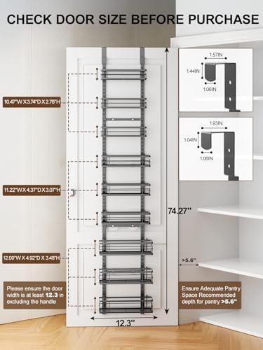 Delamu 9-Tier Over the Door Pantry Organizer, Adjustable Pantry Door Organizers and Storage, Metal Hanging Basket Wall Spice Rack Seasoning Organizer, Door Organizer Kitchen Bedroom Bathroom,12"Black - Image 2
