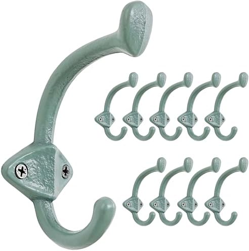 Dseap Cast Iron Wall Hooks L=5”, Heavy Duty Coat Hooks, Rustic Vintage Farmhouse Hook for Hanging Winter Coats Jackets Towels Hats Bags Plants, Mint Green, Pack of 10 (ShieldBold) by Dseap