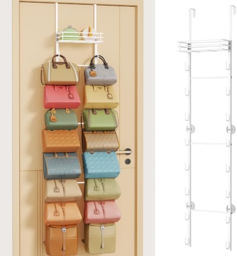 HapiRm Over the Door Purse Organizer - Wall Mounted Purse Rack with 16 Hooks and Metal Basket, Hanging Handbag Organizer Holds up to 16 Bags, Bag Rack Can Use As 1/2 Part, for Door, Closet (White) by HapiRm