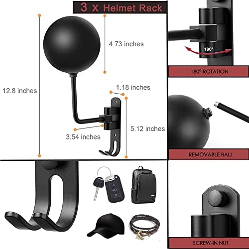 SANGMO 3 Pack 180° Motorcycle Helmet Rack, Rotation Metal Helmet Holder Wall Mount, Helmet Holder Bike with 2 Hooks Helmet Hanger for Motorcycle Bike Coats, Caps, Baseballs, Rugby Helmet(3 Pack) - Image 2