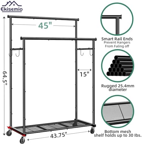 Ekisemio Double Rods Clothes Rack with Wheels Load 400 LBS, 45 Inch Rolling Clothing Rack for Hanging Clothes, Heavy Duty Garment Rack with Shelves, Metal Portable Closet, Black - Image 6