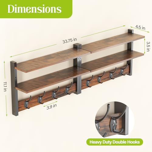 2 Tier Coat Rack Wall Mount with Shelf, 33" Wall Shelf with Hooks, Entryway Key Holder for Wall with 8 Heavy Duty Double Hooks, Coat Hook Wall Mounted for Bedroom, Living Room, Rustic Brown - Image 3