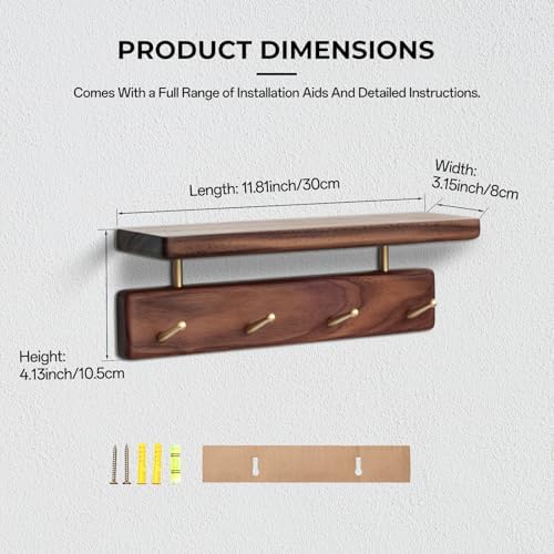 Walnut Wood Coat Rack with Shelf, Wall Mounted Rack with 4 Hooks - Image 6