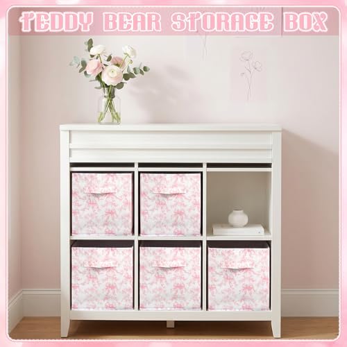 Geelin 6 Pcs Pink Floral Bow Cube Storage Bins 11 in Basket with Handle - Image 4