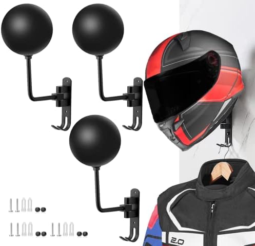 SANGMO 3 Pack 180° Motorcycle Helmet Rack, Rotation Metal Helmet Holder Wall Mount, Helmet Holder Bike with 2 Hooks Helmet Hanger for Motorcycle Bike Coats, Caps, Baseballs, Rugby Helmet(3 Pack) by SANGMO