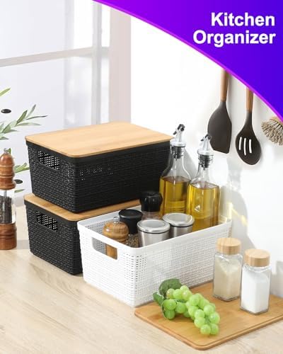 EOENVIVS Storage Bins with Lids 6 Packs, Plastic Storage Baskets with Bamboo Lids-Stackable Storage Containers for Shelves Drawers Desktop Closet Pantry Playroom Classroom Office, Black - Image 5