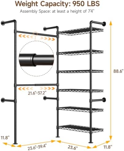 ONBRILL L2 Wall Mounted Closet System, Industrial Pipe Clothing Rack, Black - Image 2