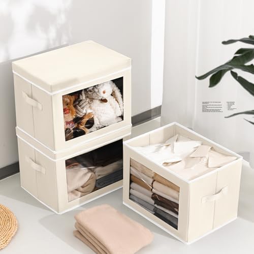 Homsorout Storage Bins with Lids - Medium Storage Box with Lids, Foldable Closet Boxes for Organizing, Stackable Clothes Organizer with Window, Cubes Bins for Living Room, 5 Pack, Beige - Image 2
