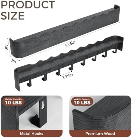 Coat Rack Wall Mount with Shelf Entryway Shelf Modern Key Holder Hanger Wall Shelves with Hidden Hooks for Hanging Towels Coats Hats Bags for Hallway Bathroom Bedroom(Wavy Black, 8 Hooks) - Image 2