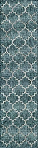 Unique Loom Outdoor Trellis Collection Area Rug (2' x 8' Runner, Teal/ Gray) - Image 3