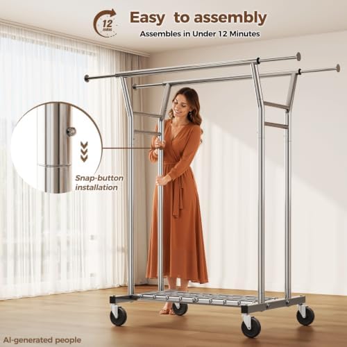 HYSEYY Heavy Duty Clothes Rack, Rolling Clothing Rack for Hanging Clothes with Shelves Load 700LBS,Portable Garment Wardrobe Closet Rack with Wheels for Bedroom,Laundry Room,Retail Store,Silver - Image 6