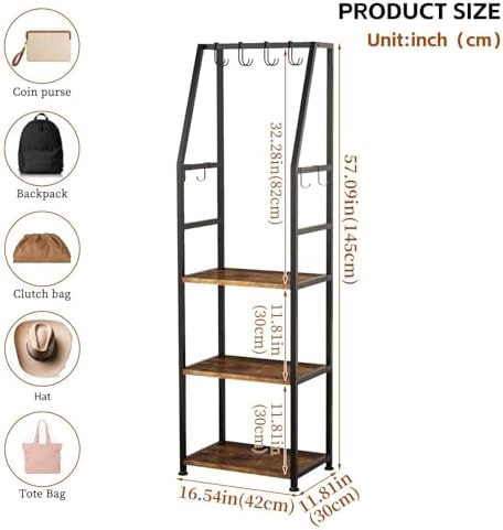 3-Tier Purse Stand Handbag Organizer, Hall Tree for Entryway Steel Frame, with 8 Removable Hooks，Clothes Rack Stand Organizer(Rustic Brown) - Image 2