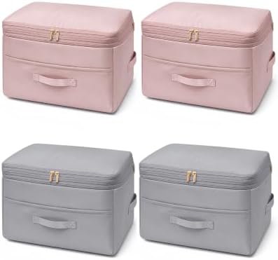 Comforter Storage Bag, 4 Pack Ultra Space Saving Self Compression Organizers, Double Zipper Compression Packing Cubes for Blankets Duvet Quilts Pillows Queen King Bedding Clothes (Gray & Pink X-Large) by Unknown