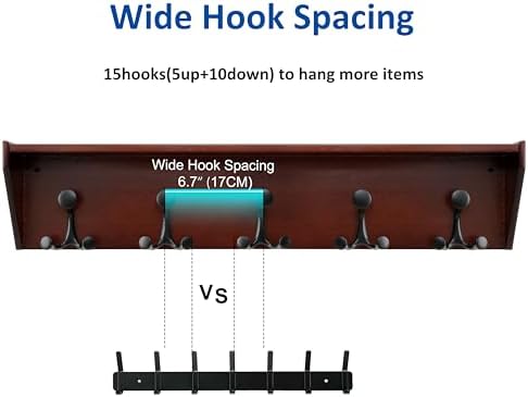 WEBI Wall Shelf with Hooks Underneath,35" Long Wall Mounted Coat Rack with Shelf,Entryway Coat Rack with 5 Triple Hooks for Hanging Coats,Jacket,Hallway,Bedroom,Mudroom,Cherry - Image 3
