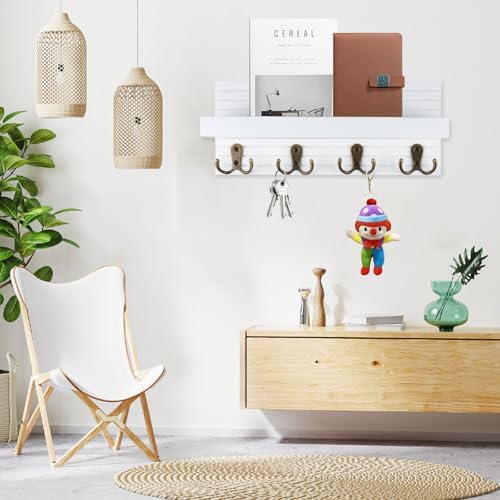 Key Holder for Wall, Wooden Key Hooks Wall Mounted with 8 Hooks, Rack with Storage Shelf for Mail, Phone, Small Decor, Ideal for Entryway, Office, Hallway, White - Image 6