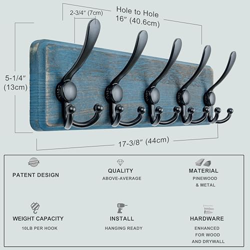 Dseap Coat Rack Wall Mount - Heavy-Duty Robust Barnwood-Style Wooden Wall Coat Hanger Hook Rail with 5 Triple Hooks for Winter Coats Hat Jacket Clothing, Weathered Blue & Black, Pack of 2 - Image 6