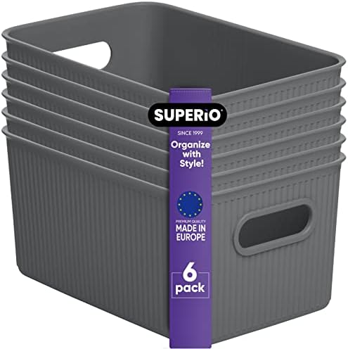 Superio Ribbed Collection - Decorative Plastic Basket Open Home Storage Bins Organizer, Medium Grey (6 Pack) Container Boxes for Organizing Closet Storage Bins for Shelves Drawer Shelf 5 Liter by Superio