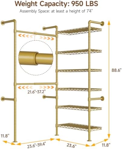 ONBRILL L2 Wall Mounted Closet System, Industrial Pipe Clothing Rack, Gold - Image 2