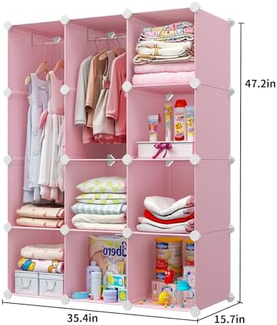 VIPZONE Baby Dresser, Kids Closet Organizers, Portable Kids Wardrobe for Closet, Bedroom, Nursery, Cubby, Cabinet, Clothes, Dress, Baby Storage Shelf, Armoire Clothes Hanging (12 Cube, Pink) - Image 7