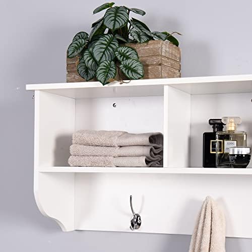 Elegant White Wooden Wall-Mounted Coat Rack with Shelf - Entryway Organizer with 4 Dual Hooks - Modern Storage Display for Home Decor, Plants, Photos - MDF Construction - 39"x8"x14" - Image 5