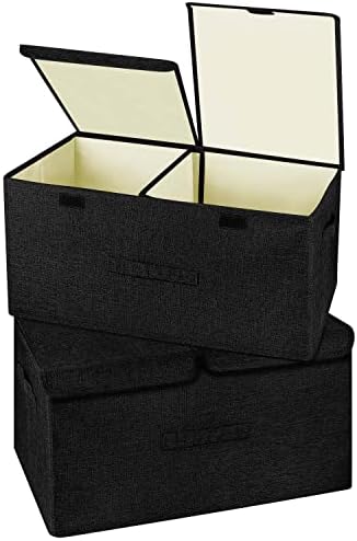 2 Pack Large Linen Fabric Collapsible Storage Bins with Lid and Handles, Washable Storage Box Baskets Cube with Removable Divider for Bedroom,Closet,Office,Living Room,Nursery (Black, Large) by Unknown