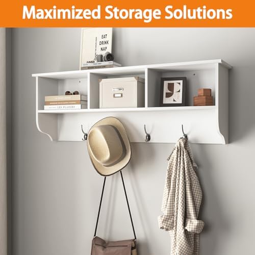 Wall Mounted Coat Rack with Shelf - Wall Hooks with Shelf, Entryway Hanging Shelf with 4 Dual Hooks for Clothes Hats Towel Purse Robes, Bathroom Mudroom Bedroom - 39"x8"x14" (White) - Image 2