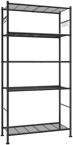 Sakugi 5-Tier Storage Shelves with 6 Hooks, 33.2" x 12.7" x 71.1", Black by Sakugi