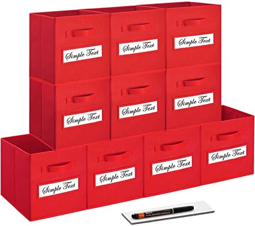 11 Inch Storage Cube,Storage bin,cube storage (Set of 10) Foldable Fabric Cube Storage Bins with 10 Labels Window Cards & a Pen,Baskets Containers for Shelves,Closet Organizers Box,Red by Artsdi
