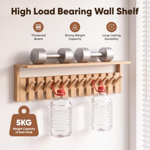Wall Mounted Coat Rack with Shelf, 12 Flip-Down Hooks, Natural - Image 3