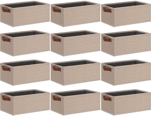 GhvyenntteS Small Fabric Storage Bins 12 Pack, 11.8" x 7.87" x 5.11" Storage Basket with Leather Handles, Closet Storage Bins for Shelves, Storage Baskets for Shelves, DVD Storage (Beige Yellow) by GhvyenntteS