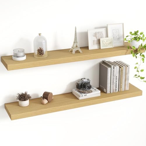 Acovy 40 Inch Floating Shelves, 8 Inch Deep Floating Shelves for Wall, Hanging Shelf with Invisible Brackets, Deep Shelves for Bathroom, Bedroom, Living Room, Oak, Set of 2 by Acovy