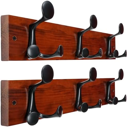 WEBI Coat Rack Wall Mount,17" Solid Wood Coat Hooks Wall Mounted Coat Hanger,16" Hole to Hole,Heavy Duty Hook Rack Rail,3 Triple Hooks for Hanging Coats,Jacket,Clothes,Hat,Backpack,Cherry,2 Packs by WEBI