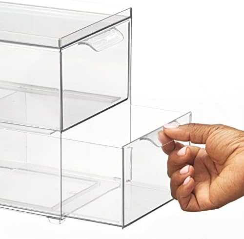 mDesign Stackable Storage Containers Box with 2 Pull-Out Drawers - Stacking Plastic Drawer Bins for Master or Guest Bathroom, Linen Closet, Vanity, Makeup Table Lumiere Collection 4 Pack, Clear - Image 7