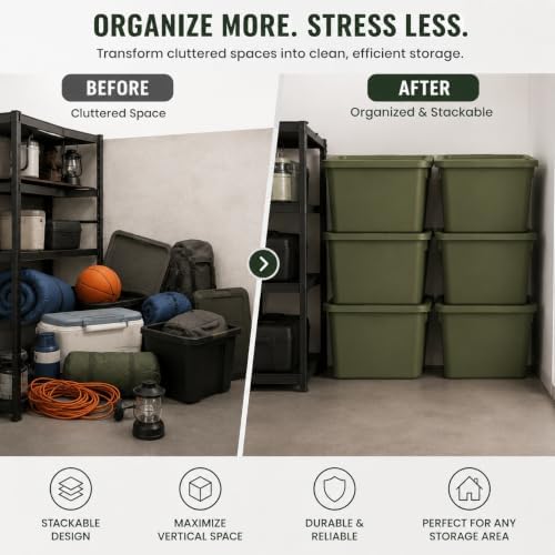 18 Gal Stackable Storage Tote with Lid, Plastic Container, Olive Green - Image 7