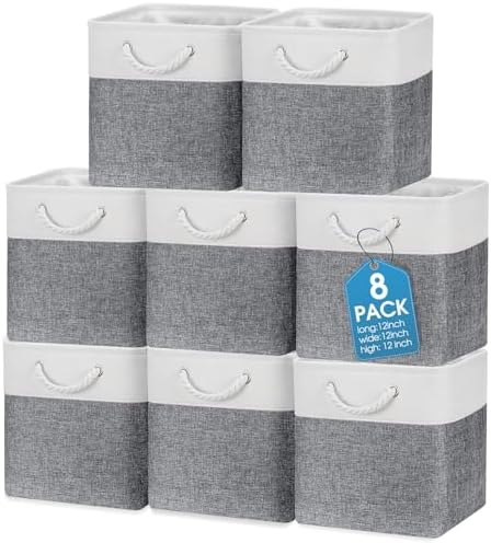 meekoo 8 Pack Fabric Storage Bins Baskets, 12 x 12 x 12 in, Gray White by meekoo