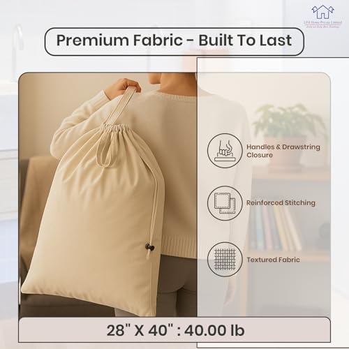 LFH Home Large Premium Cotton Rich Canvas Extra Large Laundry Bag with Drawstring and Handles Heavy Duty, Multi-Use, and Washable for Home, Travel, College or Storage 28x40 (Pack of 2)-Natural - Image 5