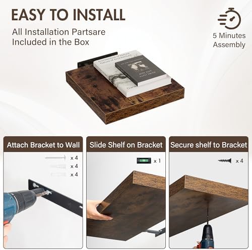 Acovy 12 Inch Floating Shelves, 12" Deep Floating Shelf Wall Mounted, 12" Wall Shelves, Rustic Deep Bookshelf, Extra Deeper Display Shelves & Storage Shelves for Bedroom, Living Room, Set of 3 - Image 6