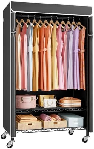 ULIFHOME P6C Rolling Clothes Rack with Cover, 3-Tier Covered Clothing Rack by UlifHome