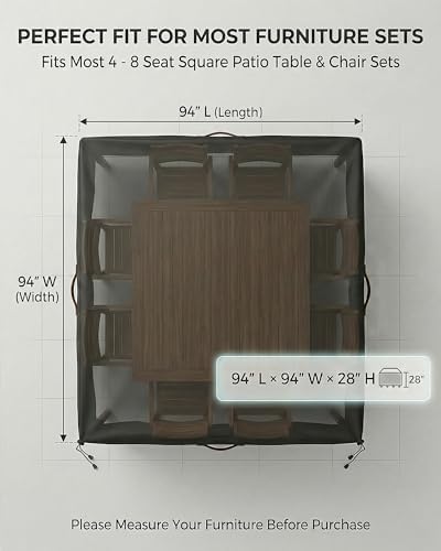 Outdoor Patio Furniture Cover Square, Heavy Duty 600D Waterproof Cover for Table & Chair Set or Sofa Set Covers, Windproof,UV Resistant, All-Season for Backyard,Deck,Garden,94" L x 94" W x 28" H,Black - Image 4