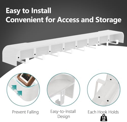 Coat Rack Wall Mount with Shelf 8 Hidden Hooks Modern Wooden Key Holder Entryway Organizer for Hallway Bedroom Bathroom Home Decor Storage for Hanging Coats Hats Bags Towels, White - Image 4