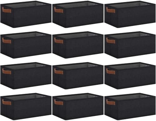 GhvyenntteS Small Fabric Storage Bins 12 Pack, 11.8" x 7.87" x 5.11" Storage Basket with Leather Handles, Closet Storage Bins for Shelves, Storage Baskets for Shelves, DVD Storage (Black) by GhvyenntteS