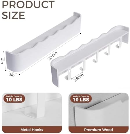 Coat Rack Wall Mount with Shelf Entryway Shelf Modern Key Holder Hanger Wall Shelves with Hidden Hooks for Hanging Towels Coats Hats Bags for Hallway Bathroom Bedroom (Wavy White, 5 Hooks) - Image 2