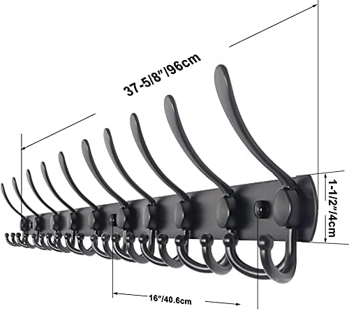WEBI Coat Rack Wall Mount,37 5/8" Long,10 Hooks,Coat Hooks Wall Mounted,16" Hole to Hole,Coat Hanger Wall,Triple Hooks for Hanging Coats,Clothes,Jacket,Hats,Black - Image 2
