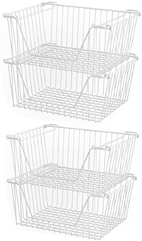 Slideep 14'' Large Stackable Storage Baskets Cabinet Organizer Sturdy Metal Wire Pantry Freezer Bin for Pantry Home Bathroom Kitchen Organization White - 4 Pack by WelcometotheSlideep