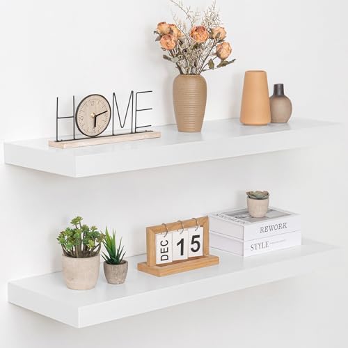 Acovy 36 Inch Floating Shelves, 12" Deep Floating Shelf Wall Mounted, 36" Wall Shelves, Rustic Deep Bookshelf, Extra Deeper & Thicker Display Shelves for Bedroom, Living Room, White, Set of 2 by Acovy