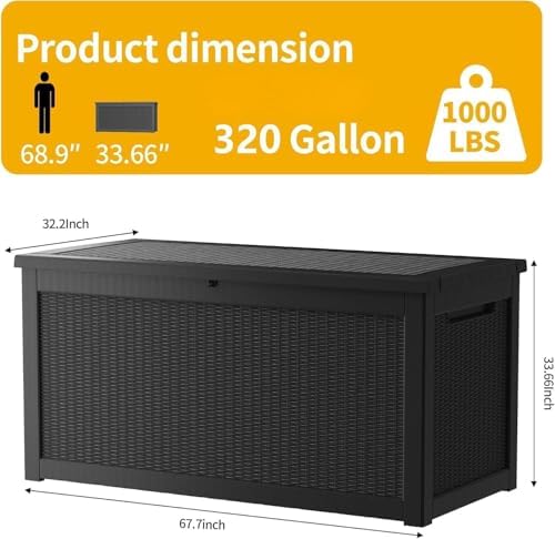 Outdoor Storage Box, 320 Gallon Lockable Resin Deck Box Large Waterproof, Patio Storage Bin for Furniture Cushion, Garden Tools and Pool Accessories, UV-Resistant Bench for Outside, Black - Image 3