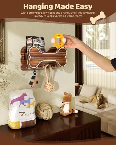 MTERSN Dog Leash Holder for Wall with Key Hooks for Dog Gear Storage, Brown - Image 3