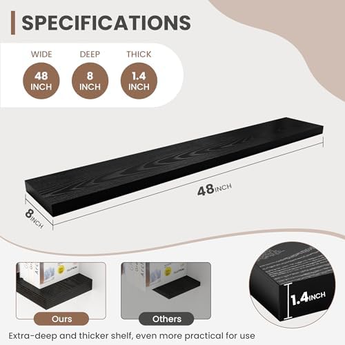 Acovy 48 Inch Floating Shelves, 8 Inch Deep Floating Shelves for Wall, Hanging Shelf with Invisible Brackets, Deep Shelves for Bathroom, Bedroom, Living Room, Black, Set of 1 - Image 3